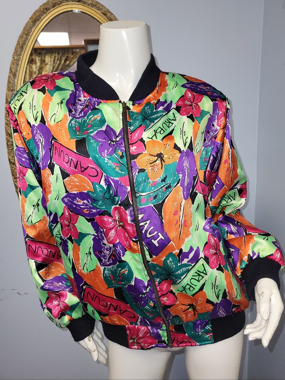 Vintage Satin Bomber Jacket Neon Tropical Floral Print Oversized S vtg